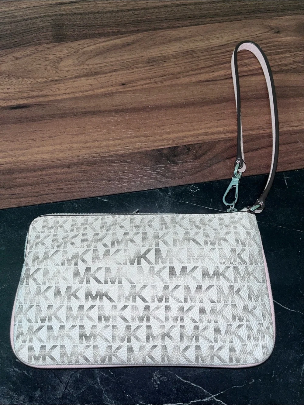 Michael Kors Pink and White Logo Stripe Wristlet